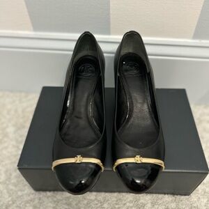 Tory Burch Black Leather Cap-Toe Wedge Heel Pumps with Gold Trim